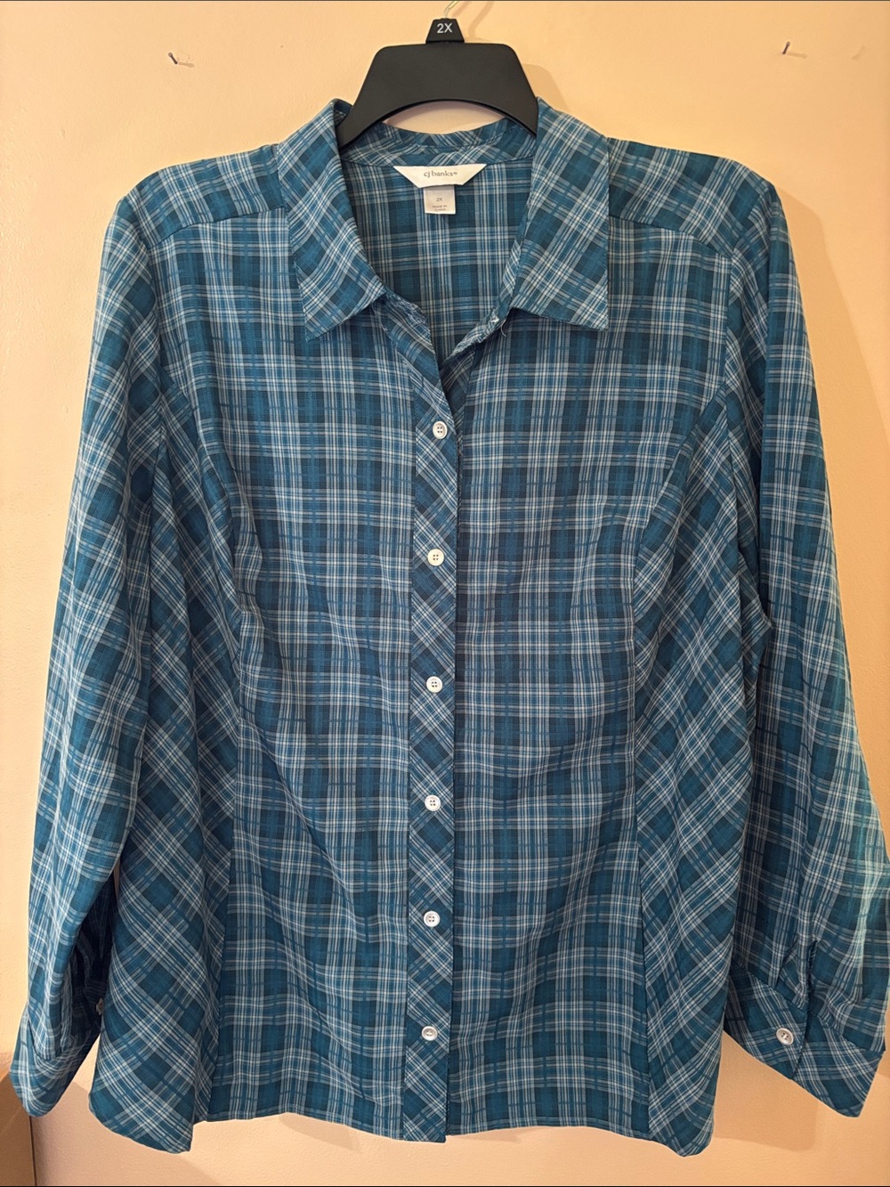 CJ Banks Woman’s Teal Blue Plaid Button-Down Blouse
